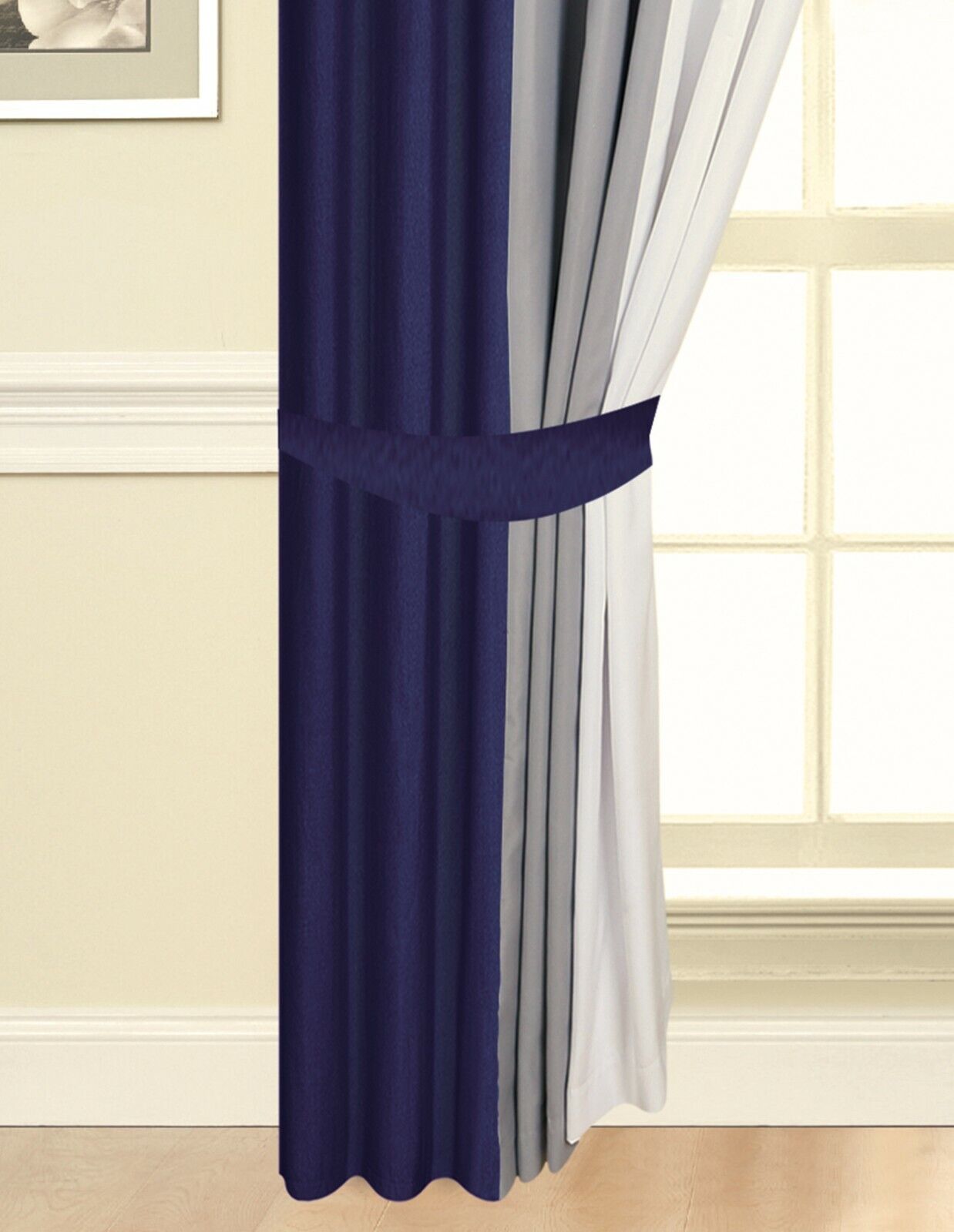 Eyelet curtains Navy Blue Ring Top Fully Lined Pair of curtains 3 Tone Navy Grey White tie backs