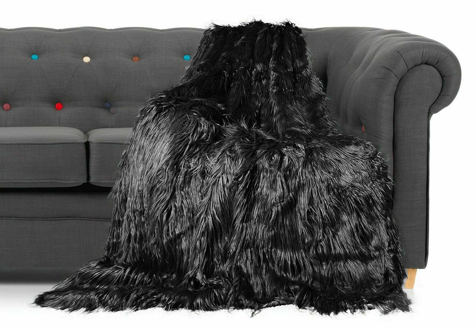 Throws Large Shaggy Long Faux Fur Throw over Sofa Bedspread Fluffy BLACK